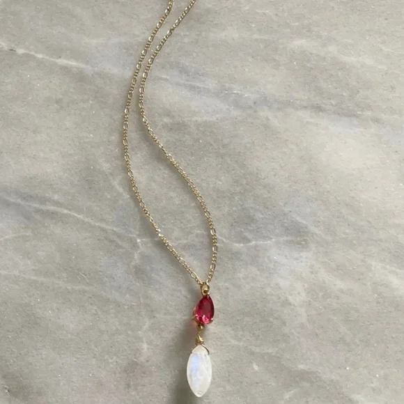 🌙 22K Gold Iridescent Moonstone & Pink Tourmaline Handmade Pendant Necklace - Picture 2 of 5